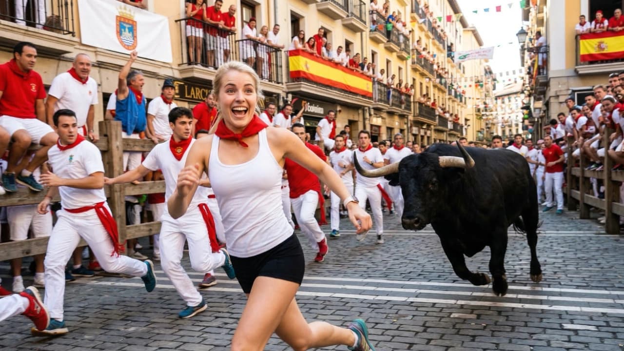 Corredores y un toro durante el encierro de San Fermín en Pamplona